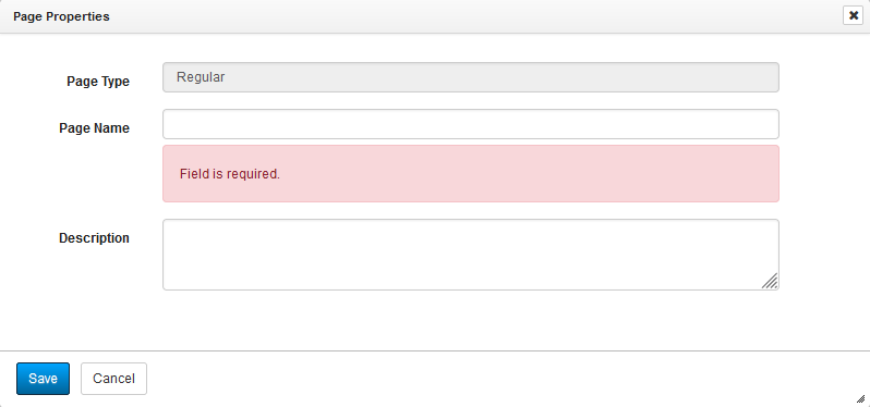 Page properties window with error message of "Field is required"